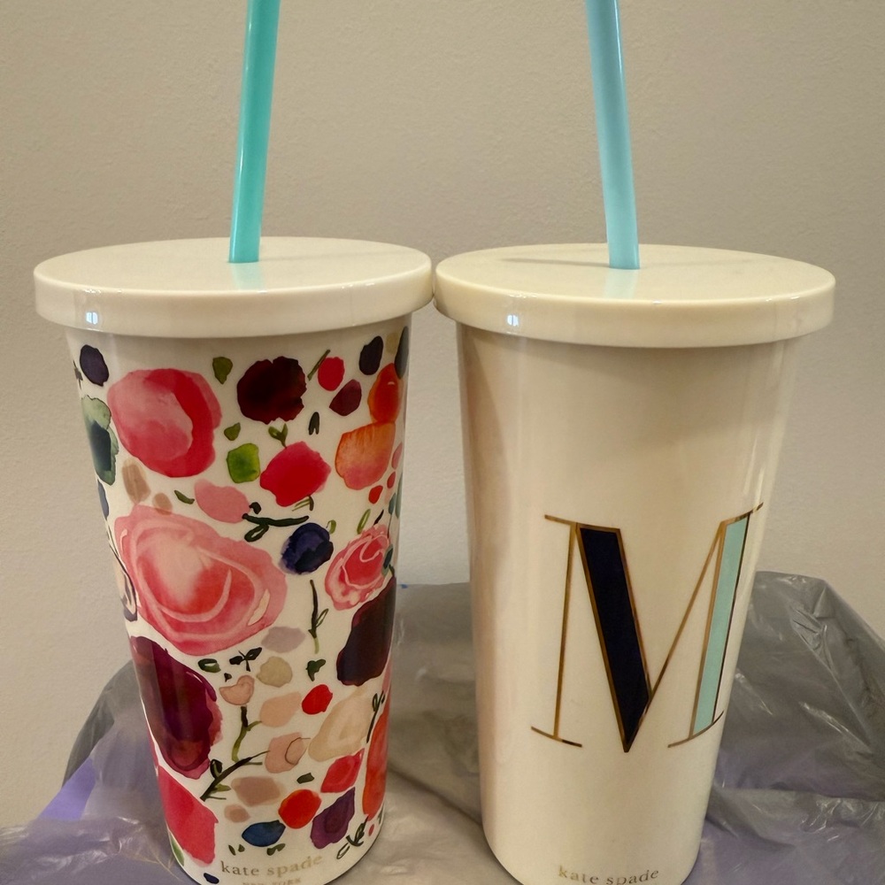 Kate Spade Floral and Monogram M Tumblers with Blue Straws